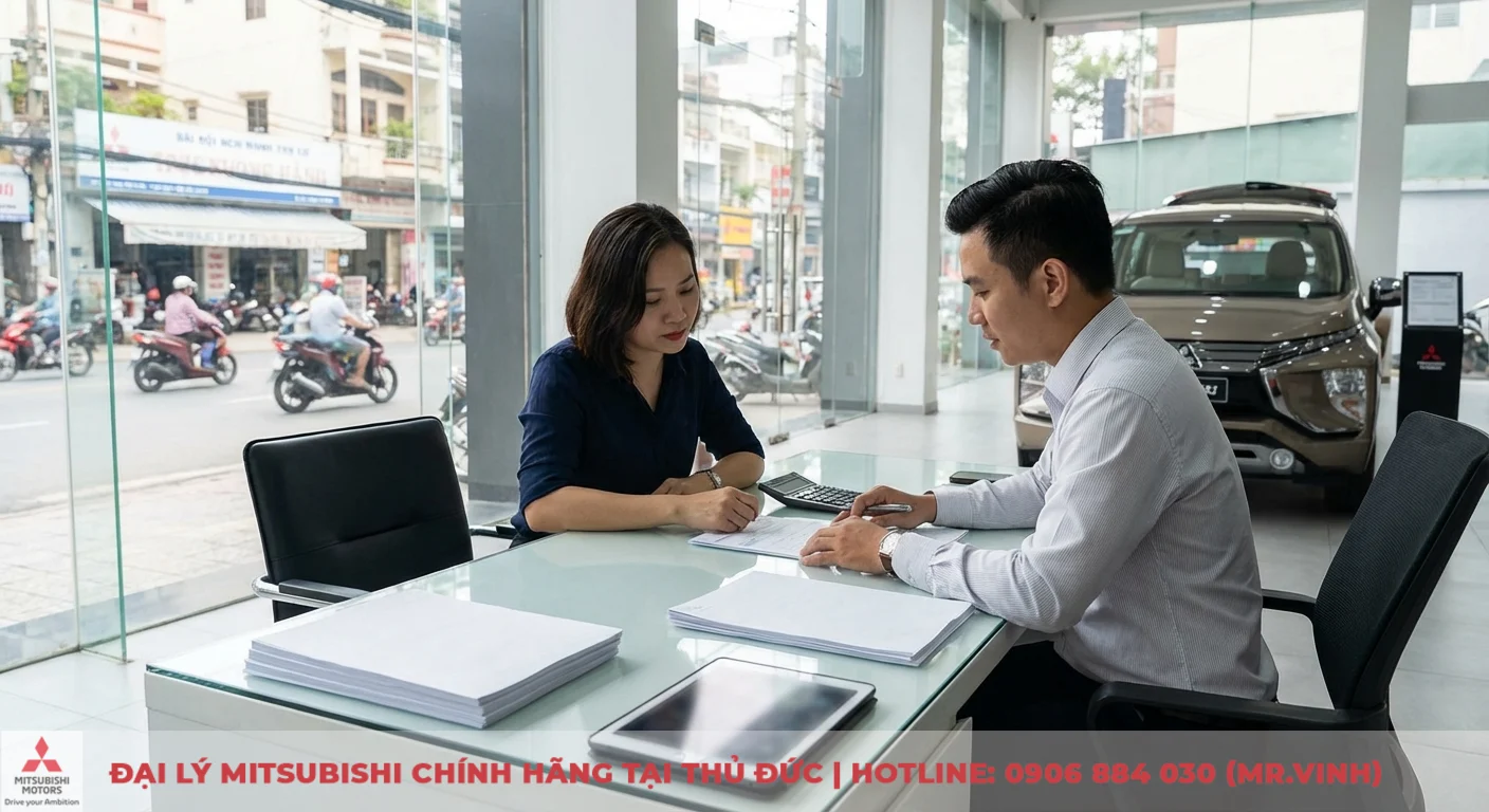 Giá lăn bánh Mitsubishi Destinator 2026: Cách tính phí tại TP.HCM 1 Hai người Việt Nam ngồi bàn ký giấy tờ mua xe Mitsubishi tại showroom, phía sau là ô tô và đường phố đông đúc