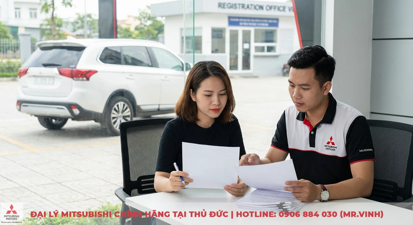 Giá lăn bánh Mitsubishi Destinator 2026: Cách tính phí tại TP.HCM 2 Hai người tại bàn đang xem xét hồ sơ, người đàn ông mặc áo có logo Mitsubishi, bên ngoài là xe SUV Mitsubishi và văn phòng đăng ký