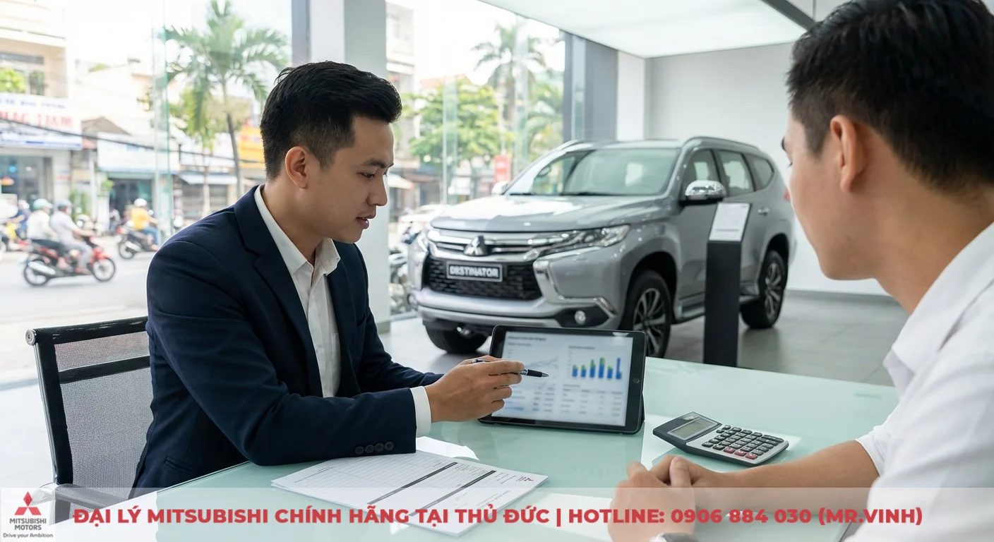 Giá lăn bánh Mitsubishi Destinator 2026: Cách tính phí tại TP.HCM 3 Nhân viên tư vấn chỉ biểu đồ trên máy tính bảng cho khách hàng tại đại lý ô tô, phía sau là xe Mitsubishi Destinator màu bạc