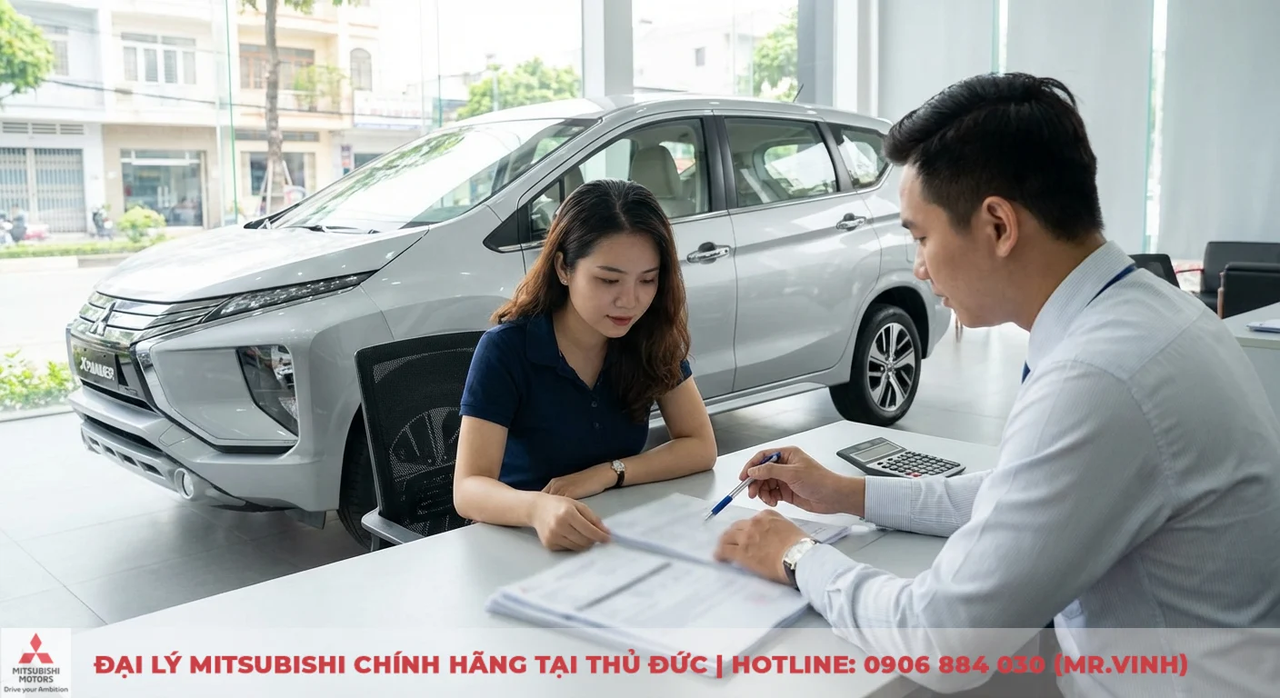 Giá lăn bánh Mitsubishi Xpander 2026 – cập nhật ưu đãi TP.HCM 1 Mitsubishi Xpander 2026 bạc trong showroom, khách hàng cùng tư vấn viên tính toán giá lăn bánh