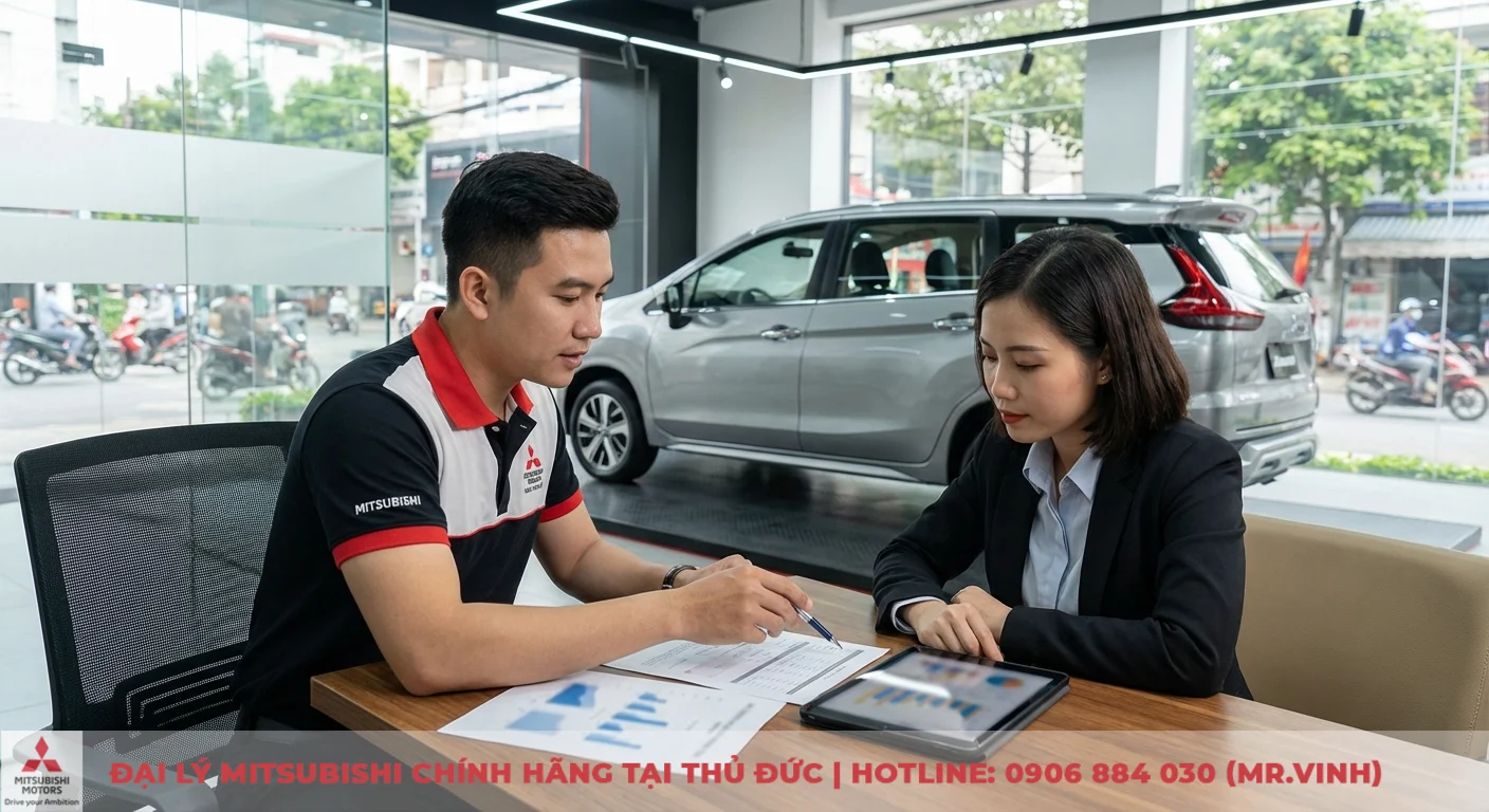 Giá lăn bánh Mitsubishi Xpander 2026 – cập nhật ưu đãi TP.HCM 2 Thảo luận phương pháp dự đoán giá Mitsubishi Xpander 2026 tại showroom với nhân viên tư vấn, tài liệu và biểu đồ phân tích