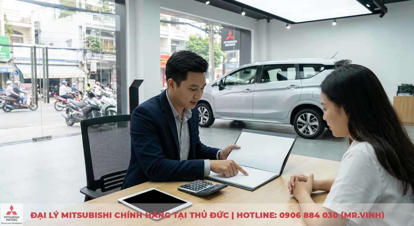 Giá lăn bánh Mitsubishi Xpander 2026 – cập nhật ưu đãi TP.HCM 4 Nhân viên tư vấn giá lăn bánh Mitsubishi Xpander 2026 tại TP.HCM, chỉ rõ các mục trong hợp đồng cho khách hàng