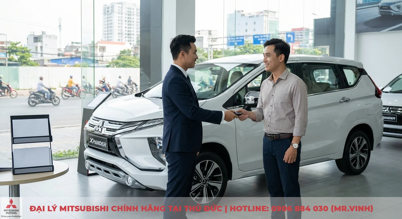 Giá lăn bánh Mitsubishi Xpander 2026 – cập nhật ưu đãi TP.HCM 7 Khách hàng nhận chìa khóa Mitsubishi Xpander 2026 từ nhân viên đại lý Saigon 3S chuẩn bị lái thử