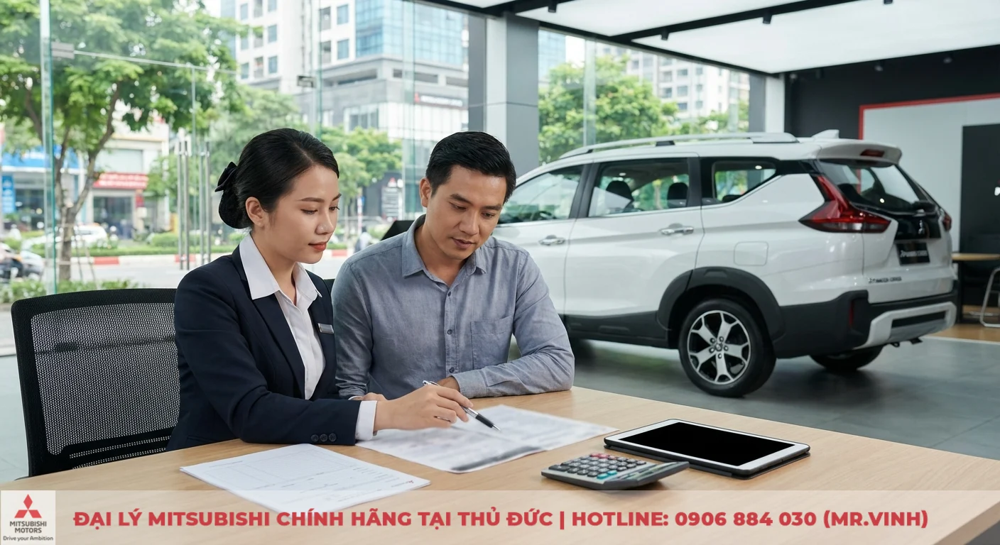 Giá lăn bánh Mitsubishi Xpander Cross 2026 mới nhất tại TP.HCM 2 Nhân viên tư vấn giải thích các loại chi phí và giá lăn bánh Mitsubishi Xpander Cross 2026 cho khách hàng