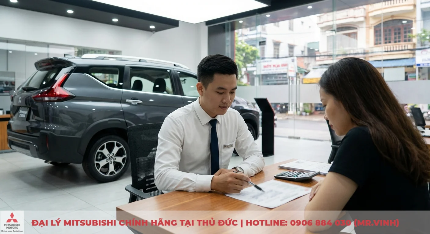 Giá lăn bánh Mitsubishi Xpander Cross 2026 mới nhất tại TP.HCM 3 Nhân viên tư vấn cùng khách hàng xem xét tài liệu, thảo luận giá lăn bánh Xpander Cross 2026 và chính sách thuế