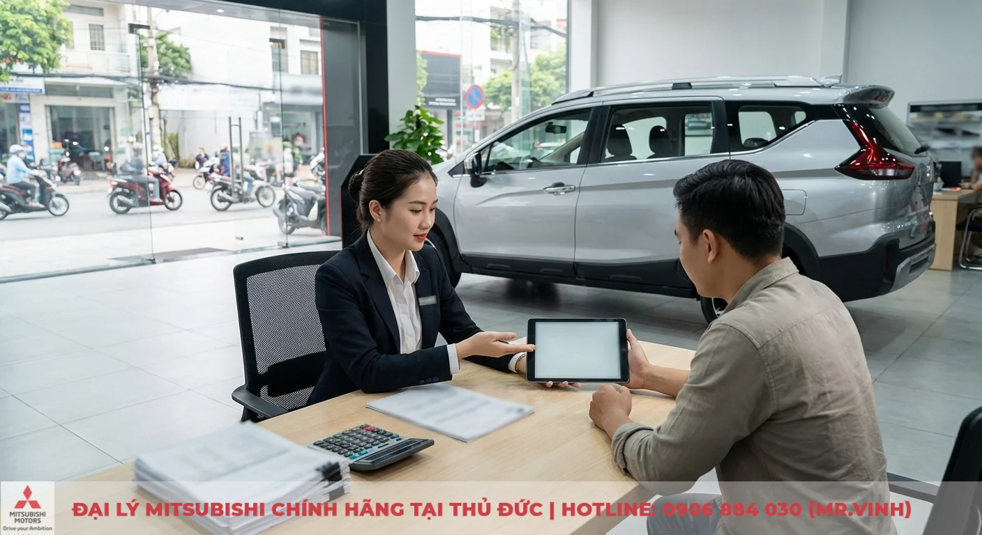 Giá lăn bánh Mitsubishi Xpander Cross 2026 mới nhất tại TP.HCM 4 Tư vấn viên trình bày thông tin giá lăn bánh Xpander Cross 2026 và so sánh với đối thủ cho khách hàng