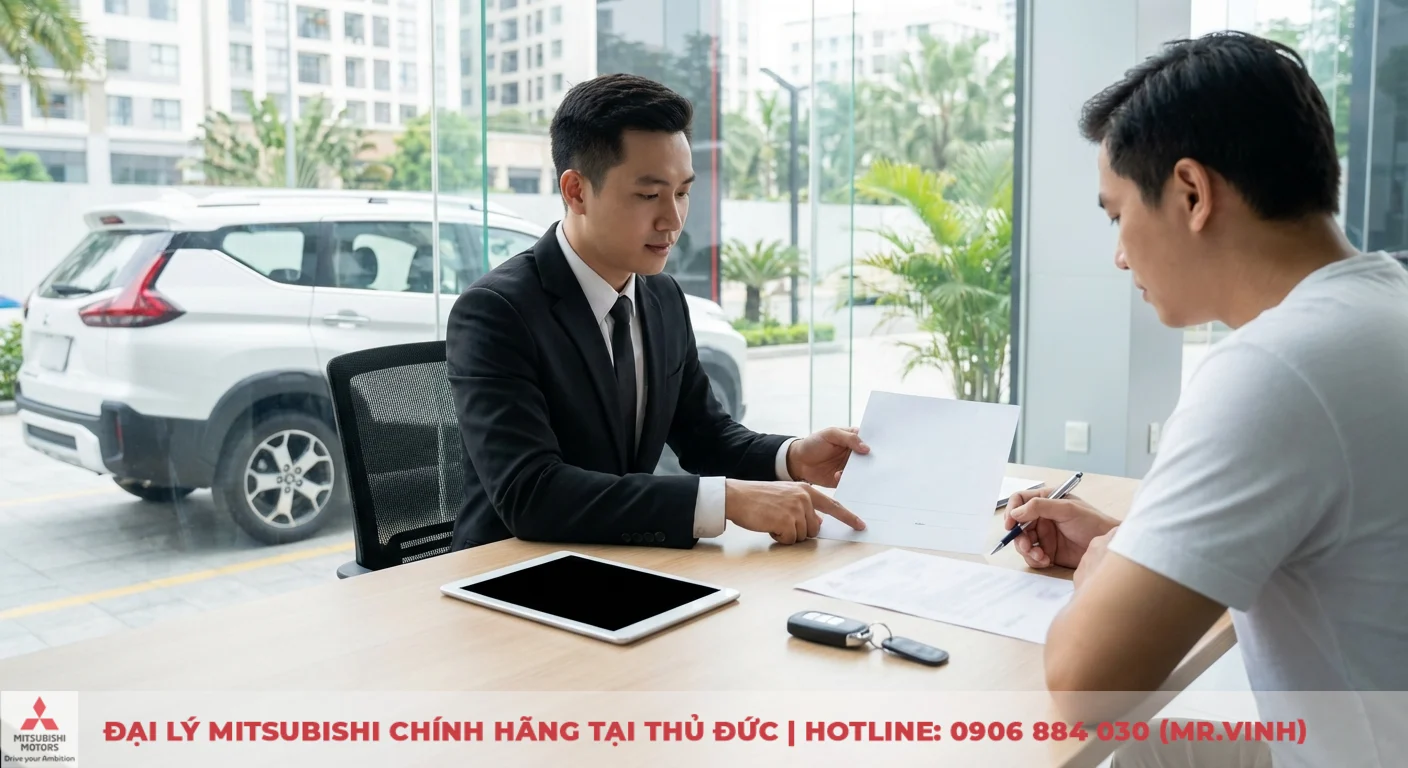 Giá lăn bánh Mitsubishi Xpander Cross 2026 mới nhất tại TP.HCM 5 Khách hàng ký giấy tờ hoàn tất thủ tục đăng ký mua xe Xpander Cross 2026 với nhân viên tư vấn tại showroom