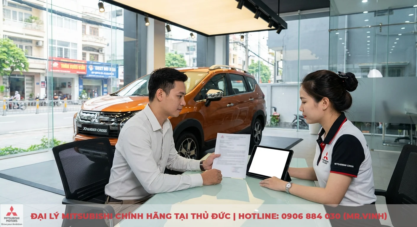 Giá lăn bánh Mitsubishi Xpander Cross 2026 mới nhất tại TP.HCM 6 Khách hàng trao đổi quy trình đặt cọc và lịch giao xe Xpander Cross với nhân viên đại lý Mitsubishi