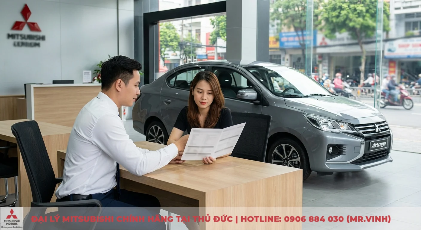 Giá Mitsubishi Attrage 2026: Lăn bánh, thông số và ngày ra mắt 1 Người bán hàng tư vấn khách hàng về tài liệu tại showroom Mitsubishi, cạnh chiếc xe Mitsubishi Attrage màu xám