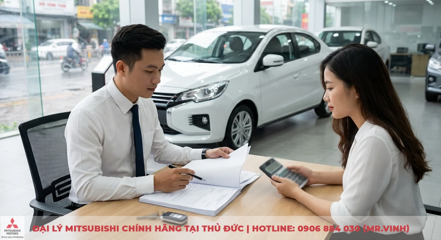 Giá Mitsubishi Attrage 2026: Lăn bánh, thông số và ngày ra mắt 2 Nhân viên nam tư vấn khách nữ tại đại lý ô tô, xem tài liệu và máy tính, chìa khóa xe trên bàn, xe hơi trắng phía sau