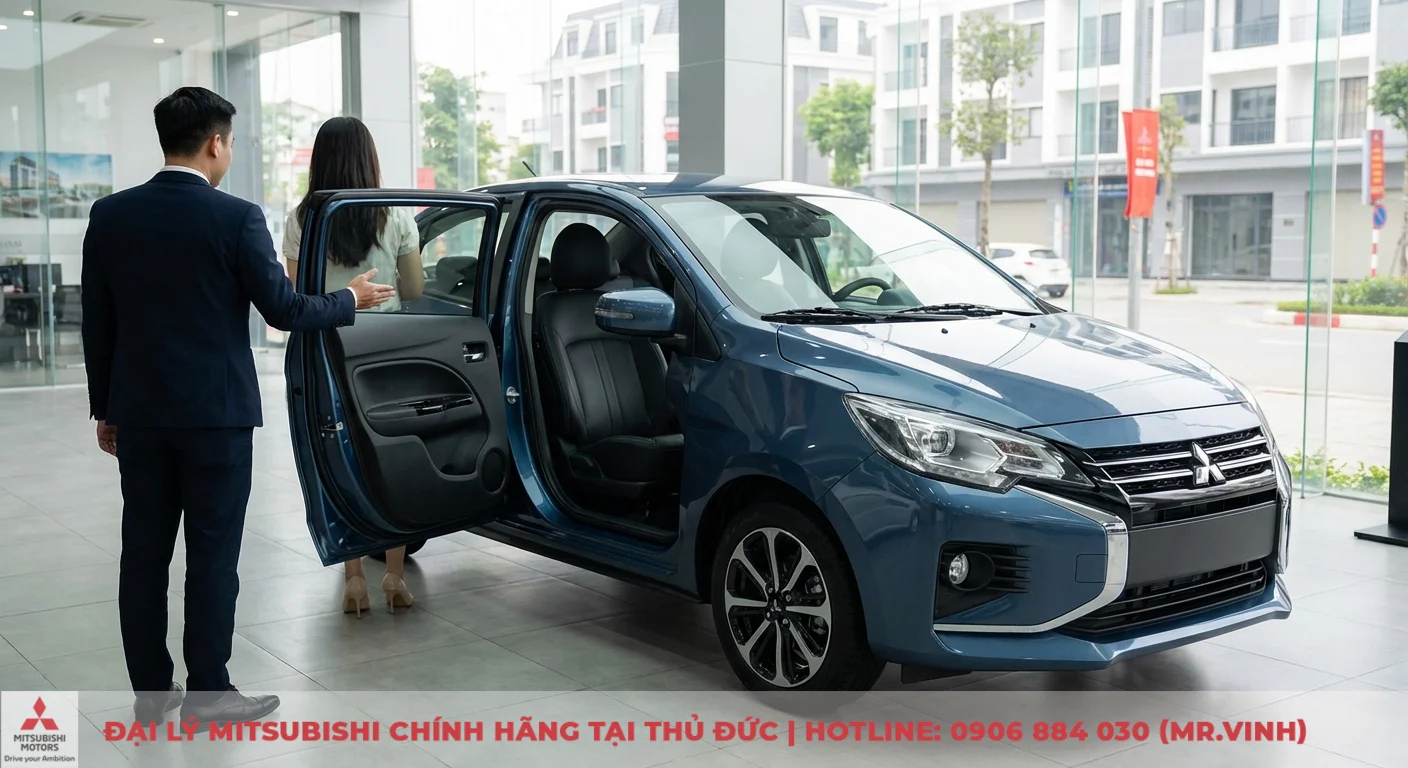 Giá Mitsubishi Attrage 2026: Lăn bánh, thông số và ngày ra mắt 3 Xe Mitsubishi Attrage màu xanh lam với cửa mở, người đàn ông lịch lãm mời phụ nữ vào xe tại showroom hiện đại