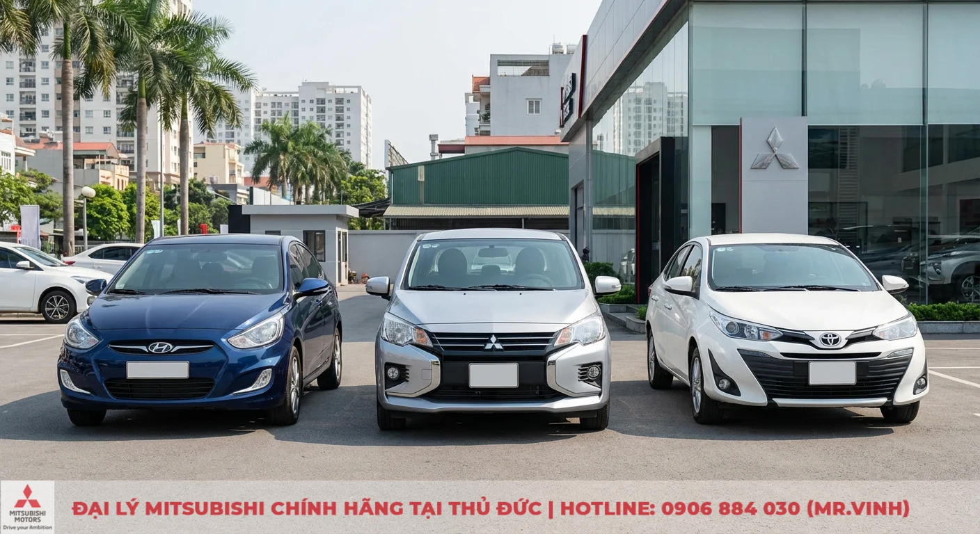 Giá Mitsubishi Attrage 2026: Lăn bánh, thông số và ngày ra mắt 4 Ba chiếc ô tô Hyundai Accent màu xanh, Mitsubishi Attrage màu bạc và Toyota Vios màu trắng đỗ trước đại lý Mitsubishi