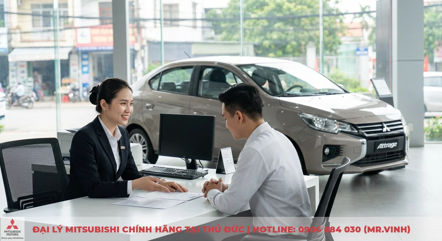 Giá Mitsubishi Attrage 2026: Lăn bánh, thông số và ngày ra mắt 5 Nữ tư vấn viên Mitsubishi và khách hàng đang trao đổi về hồ sơ mua xe Attrage trả góp tại showroom