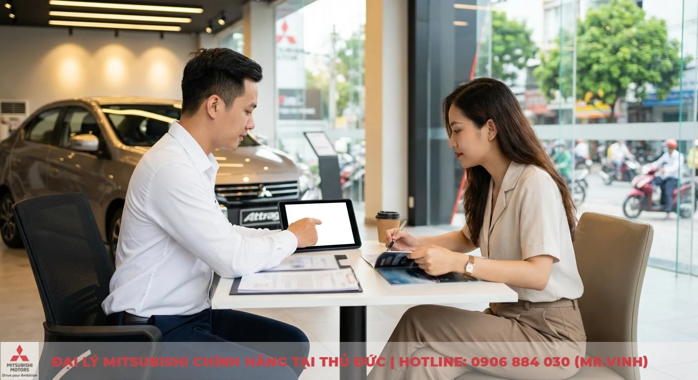 Giá Mitsubishi Attrage 2026: Lăn bánh, thông số và ngày ra mắt 6 Hai người trao đổi trong showroom ô tô, nhân viên nam chỉ máy tính bảng, khách hàng nữ xem brochure Mitsubishi Attrage