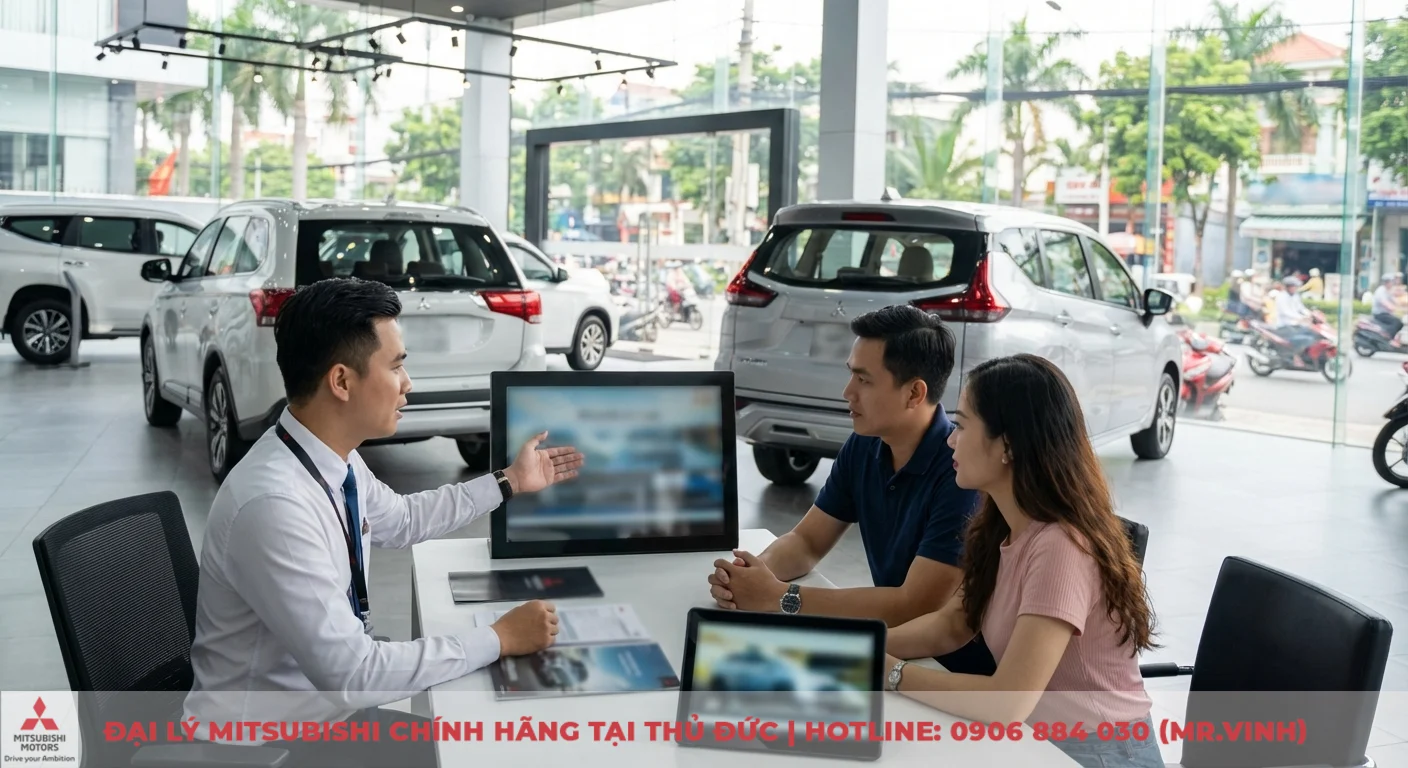Mitsubishi Destinator 2026 giá bao nhiêu? Dự đoán thị trường 1 Nhân viên tư vấn Mitsubishi đang giới thiệu thông tin về xe trên màn hình cho cặp vợ chồng trong showroom ô tô, với các mẫu SUV màu trắng phía sau