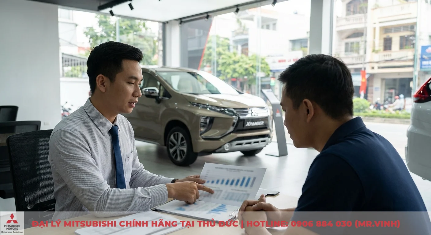 Mitsubishi Destinator 2026 giá bao nhiêu? Dự đoán thị trường 2 Hai người đàn ông ngồi tại bàn làm việc trong showroom ô tô, một người chỉ biểu đồ trên tài liệu, phía sau là xe Mitsubishi Xpander màu nâu