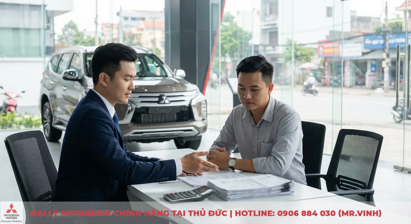 Mitsubishi Destinator 2026 giá bao nhiêu? Dự đoán thị trường 3 Hai người đàn ông ngồi bàn, với tài liệu và máy tính, đang thảo luận về tài chính mua xe Mitsubishi tại showroom