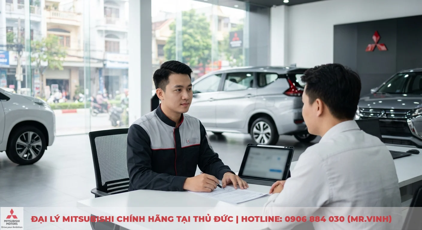 Mitsubishi Destinator 2026 giá bao nhiêu? Dự đoán thị trường 4 Nhân viên Mitsubishi đang tư vấn cho khách hàng tại bàn trong showroom, với các mẫu xe trưng bày và logo hãng