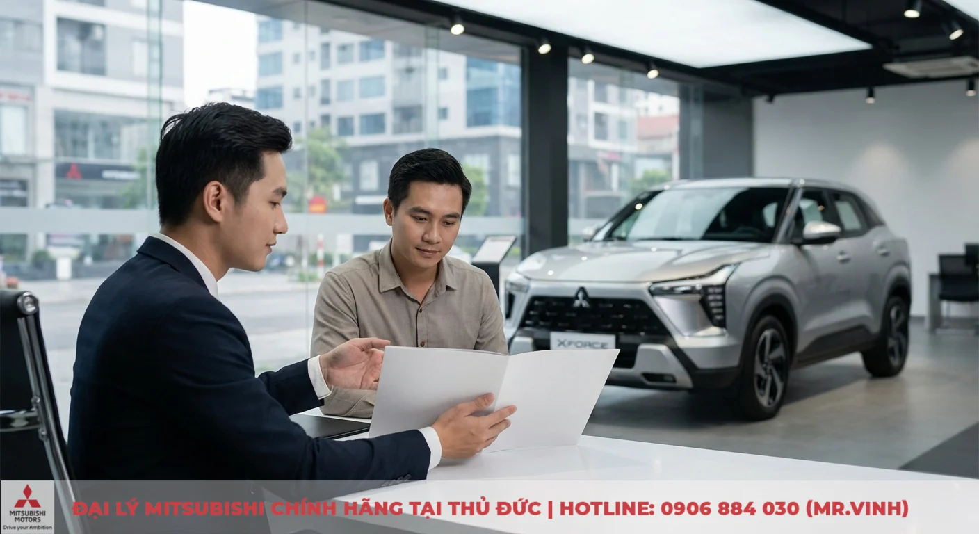 Giá Mitsubishi Xforce 2026: Cập nhật thông số và bảng giá dự kiến 2 Khách hàng và nhân viên đại lý thảo luận bảng giá các phiên bản Mitsubishi Xforce 2026 tại showroom bên cạnh xe mẫu