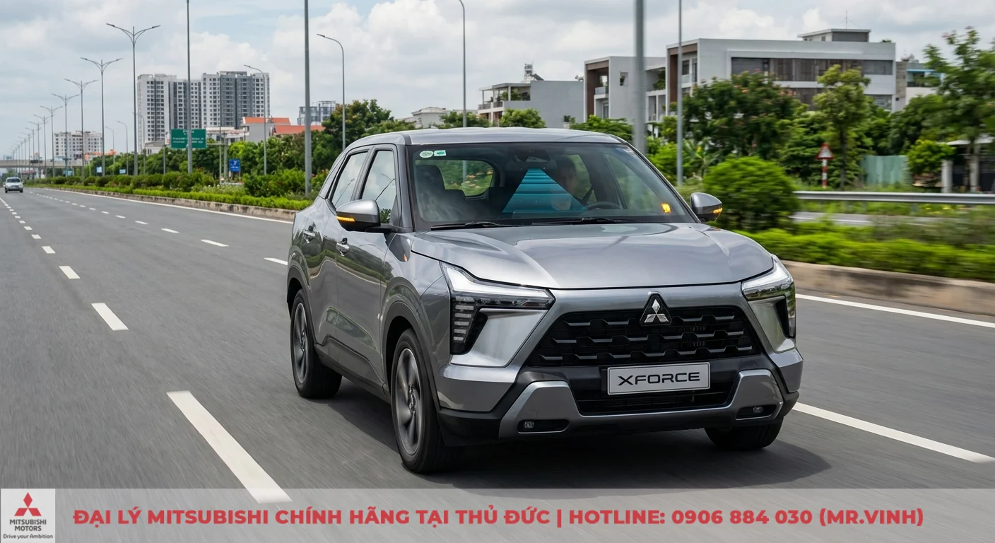 Giá Mitsubishi Xforce 2026: Cập nhật thông số và bảng giá dự kiến 3 Mitsubishi Xforce 2026 màu xám bạc trên đường cao tốc, minh họa tính năng an toàn chủ động và hỗ trợ lái ADAS
