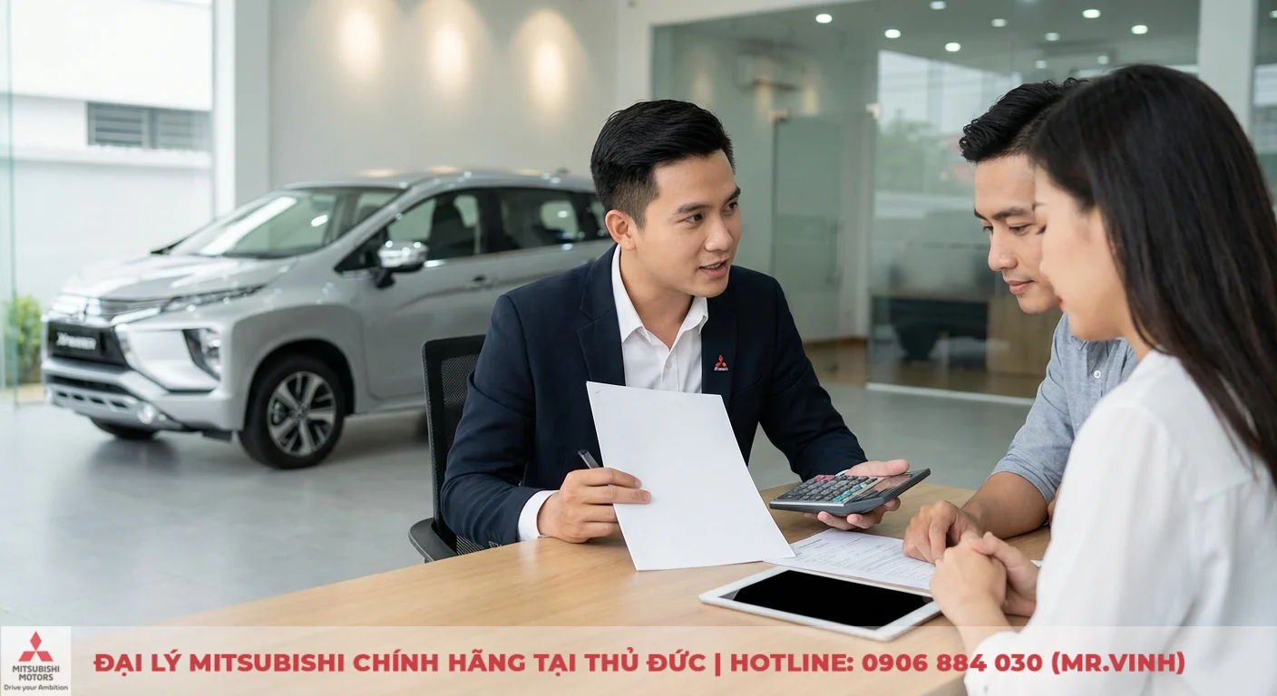 Giá Mitsubishi Xpander 2026 dự kiến: Thông số và ngày ra mắt 1 Nhân viên Mitsubishi tư vấn giá xe Xpander 2026 và các yếu tố tài chính mua xe cho khách hàng tại đại lý
