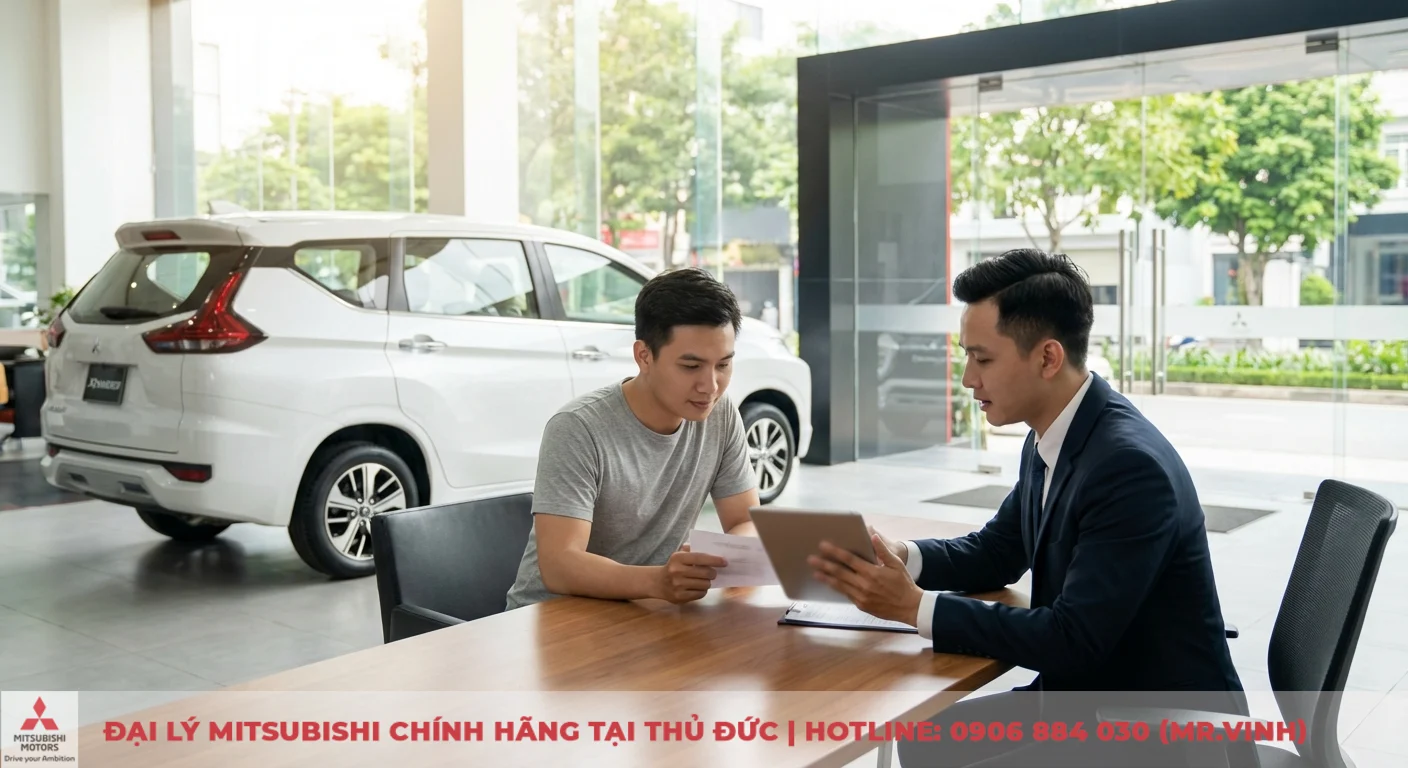 Giá Mitsubishi Xpander 2026 dự kiến: Thông số và ngày ra mắt 3 Khách hàng tại showroom Mitsubishi được tư vấn về thời điểm ra mắt và quy trình đặt cọc Xpander 2026