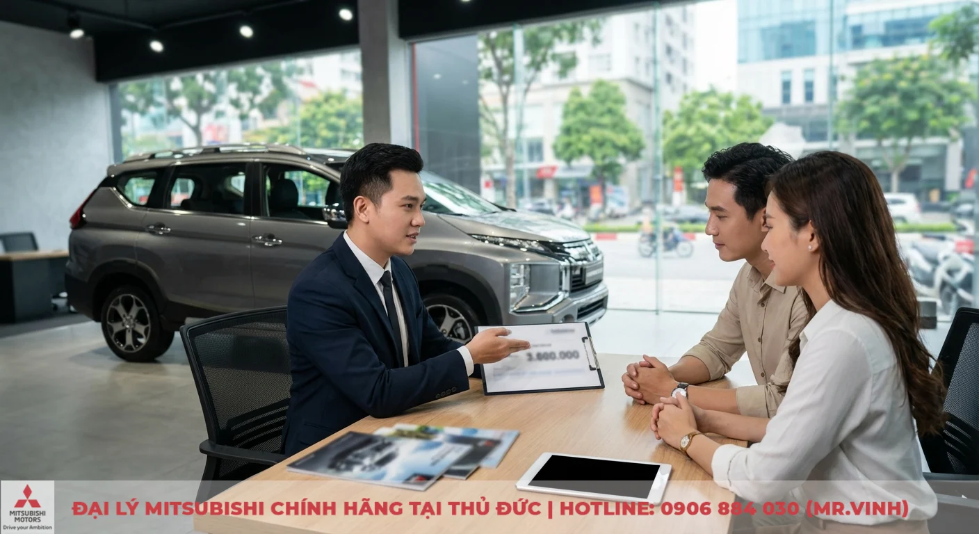 Giá Mitsubishi Xpander Cross 2026: Dự kiến, lăn bánh & cập nhật mới nhất 1 Cặp đôi thảo luận về giá dự kiến của Mitsubishi Xpander Cross 2026 với tư vấn viên tại showroom