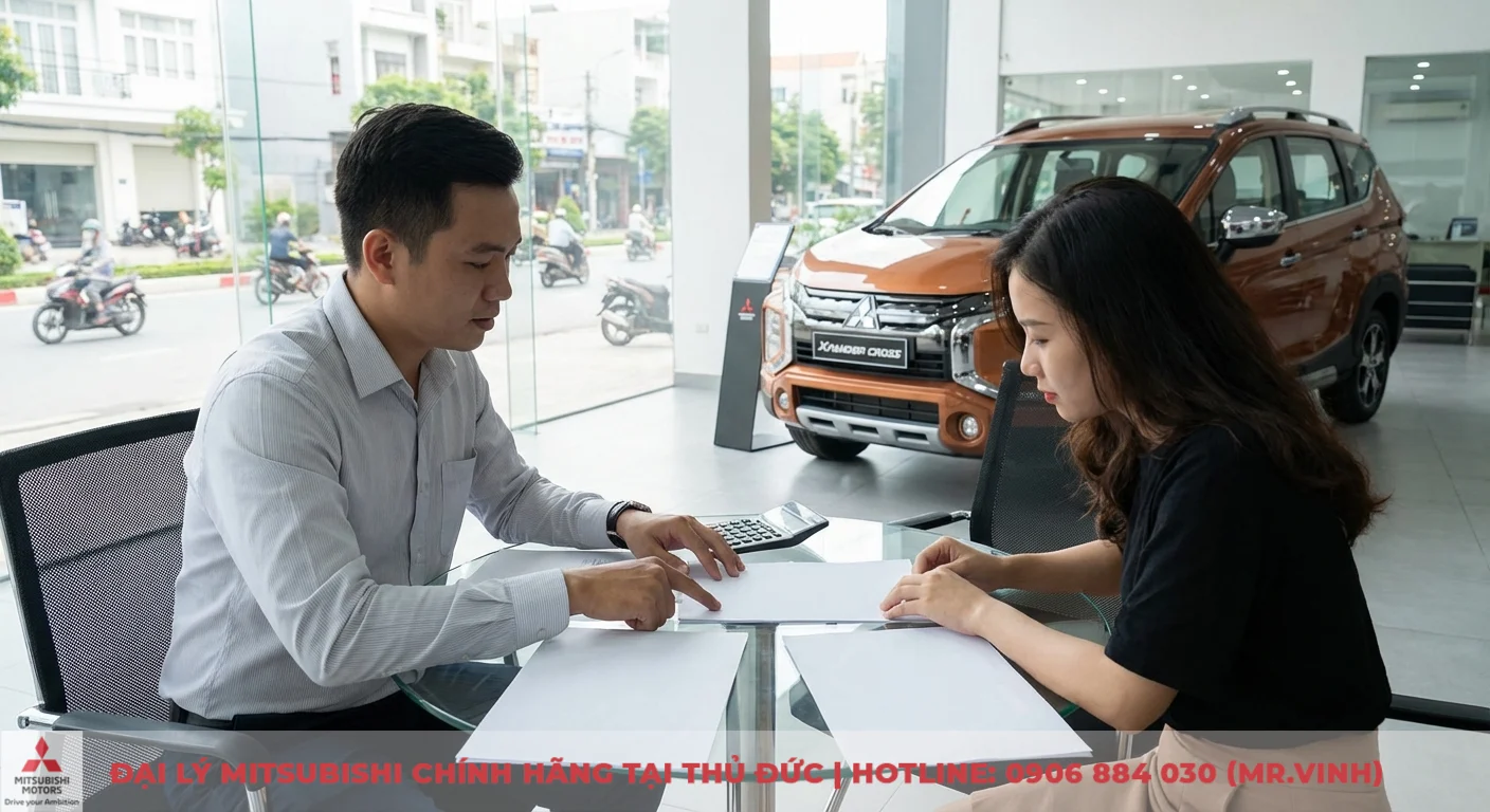 Giá Mitsubishi Xpander Cross 2026: Dự kiến, lăn bánh & cập nhật mới nhất 2 Khách hàng đang được tư vấn chi phí lăn bánh Mitsubishi Xpander Cross 2026 tại TP.HCM trên giấy tờ và máy tính