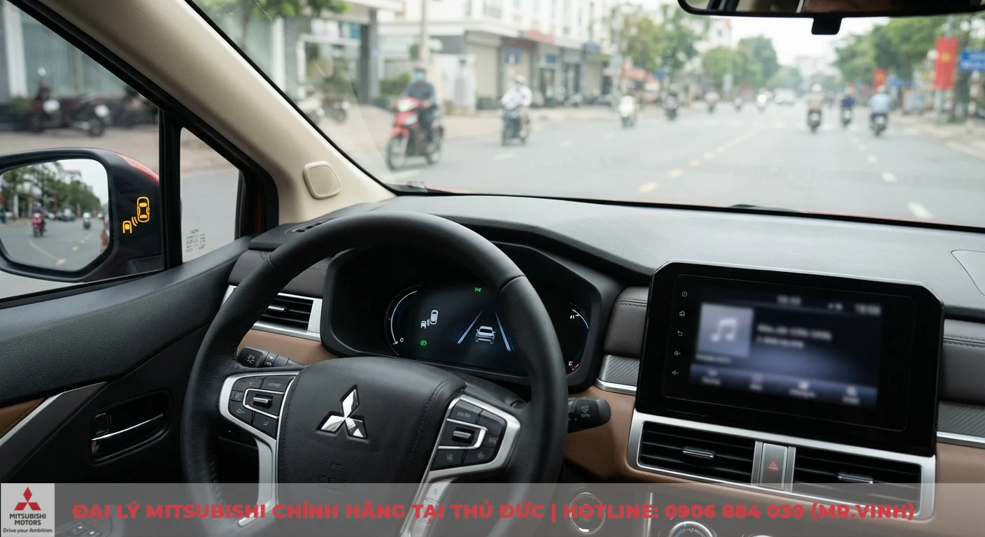 Giá Mitsubishi Xpander Cross 2026: Dự kiến, lăn bánh & cập nhật mới nhất 4 Nội thất Mitsubishi Xpander Cross 2026 với cảnh báo điểm mù trên gương và biểu tượng hỗ trợ lái ADAS