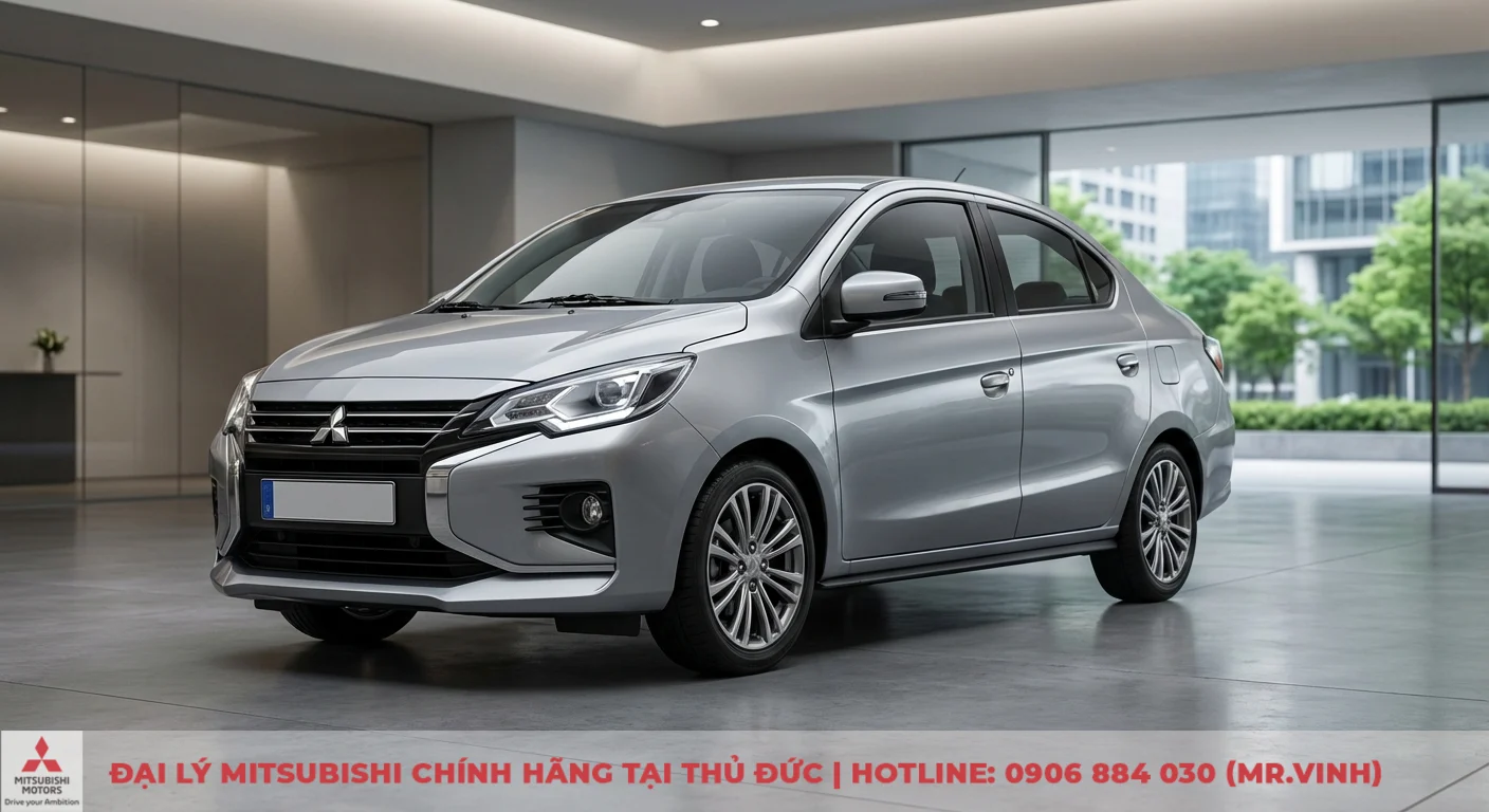 Xem hình ảnh Attrage 2026 mới nhất tại Mitsubishi Saigon 1 Mitsubishi Attrage 2026 tổng quan thiết kế ngoại thất hiện đại với mặt ca-lăng, đèn LED sắc sảo và mâm hợp kim đa chấu