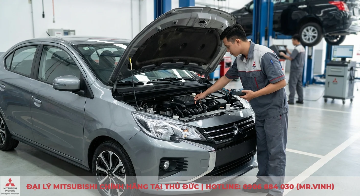 Xem hình ảnh Attrage 2026 mới nhất tại Mitsubishi Saigon 3 Kỹ thuật viên kiểm tra động cơ MIVEC của Mitsubishi Attrage 2026 để đảm bảo thông số kỹ thuật tối ưu