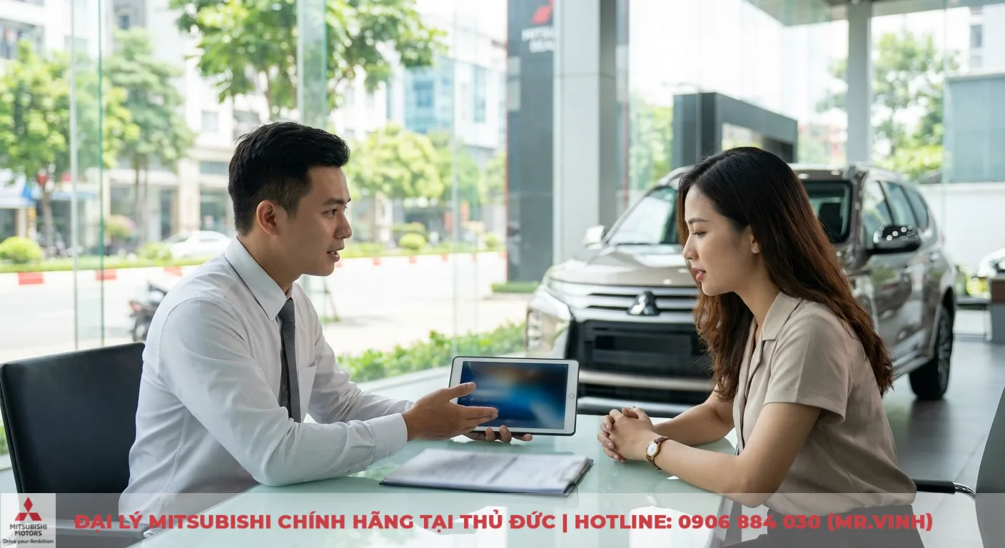 Xem hình ảnh Attrage 2026 mới nhất tại Mitsubishi Saigon 4 Nhân viên đại lý Mitsubishi tư vấn khách hàng về thời điểm ra mắt và giá Attrage 2026 tại TP.HCM