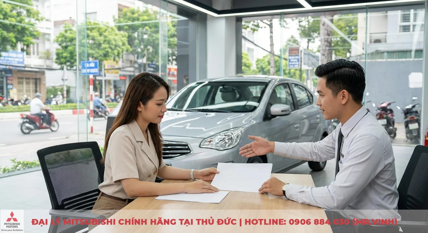 Xem hình ảnh Attrage 2026 mới nhất tại Mitsubishi Saigon 5 Khách hàng đang được tư vấn về xe Attrage 2026 tại showroom Mitsubishi Saigon