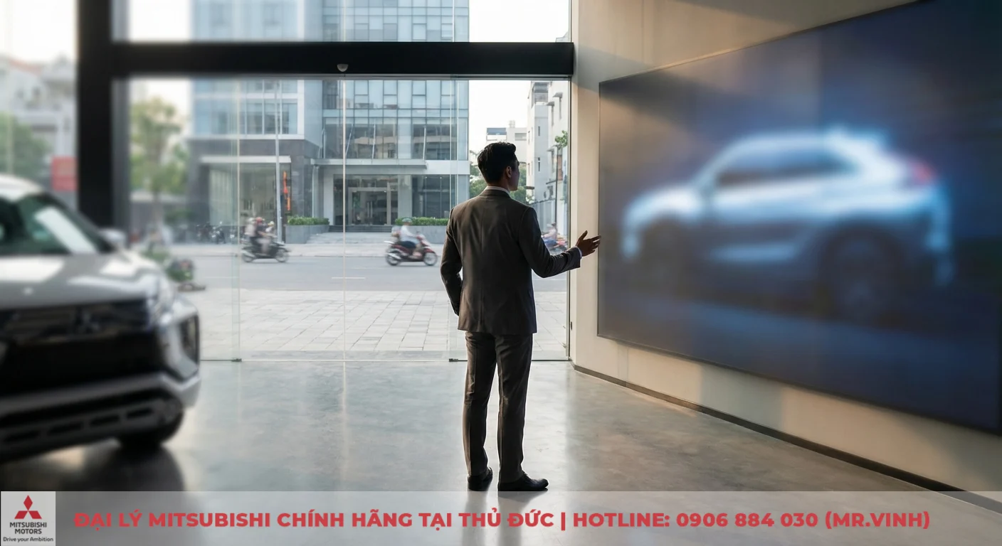 Hình ảnh Destinator 2026: Cập nhật mới nhất nội ngoại thất 1 Người đàn ông mặc vest đứng trong showroom, chỉ vào màn hình lớn chiếu hình ảnh xe hơi mờ ảo, cạnh xe trưng bày và đường phố