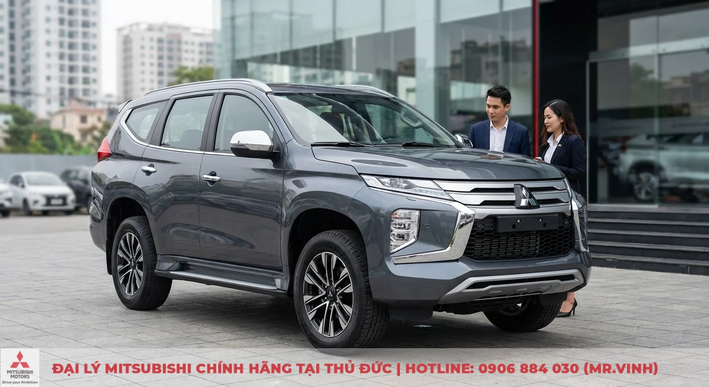 Hình ảnh Destinator 2026: Cập nhật mới nhất nội ngoại thất 2 Ngoại thất SUV màu xám với mặt ca-lăng Dynamic Shield, đèn LED hiện đại và mâm hợp kim đa chấu, hai người đang xem xe