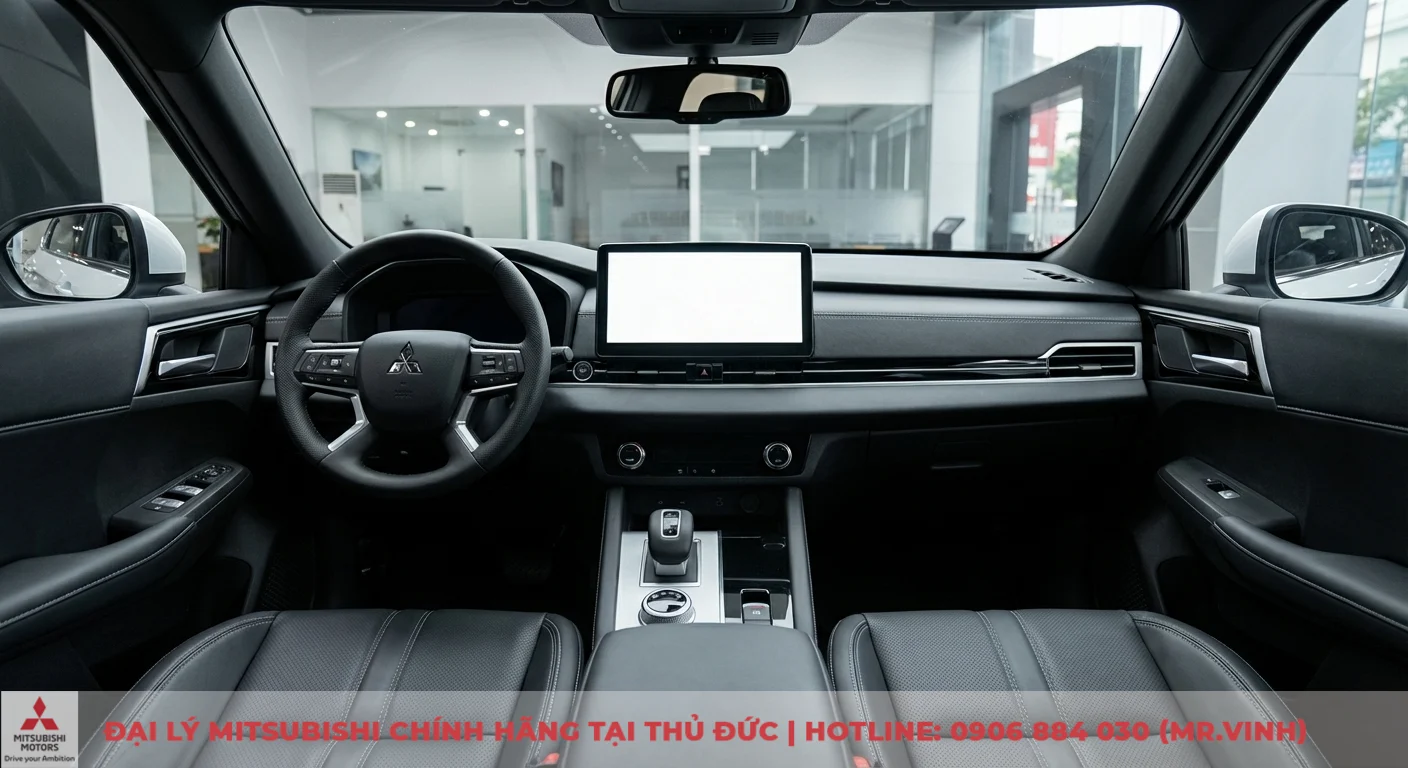 Hình ảnh Destinator 2026: Cập nhật mới nhất nội ngoại thất 3 Nội thất xe Mitsubishi với vô lăng có logo, màn hình giải trí trung tâm lớn, cần số, bảng điều khiển và ghế da đen