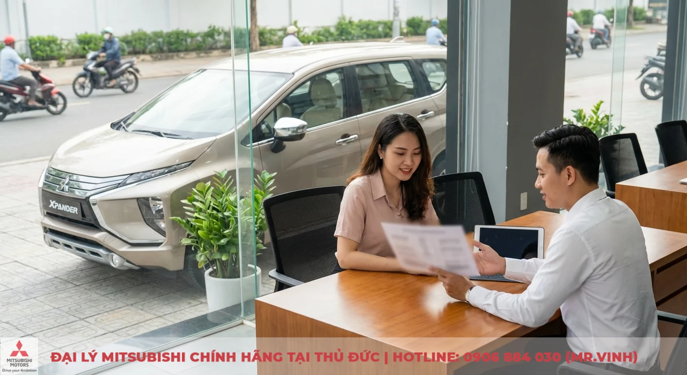 Hình ảnh Destinator 2026: Cập nhật mới nhất nội ngoại thất 4 Hai người châu Á tại showroom ô tô Mitsubishi, người đàn ông tư vấn cho phụ nữ bên chiếc xe Xpander màu be ngoài cửa kính