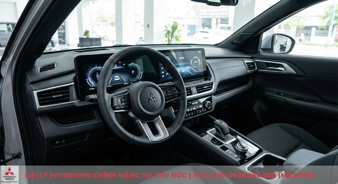 Mitsubishi Xforce 2026: Hình ảnh, video & nội thất mới nhất 2 Khoang lái Mitsubishi Xforce 2026 hiện đại với màn hình kép, vô lăng đa chức năng bọc da thể hiện công nghệ tiện nghi