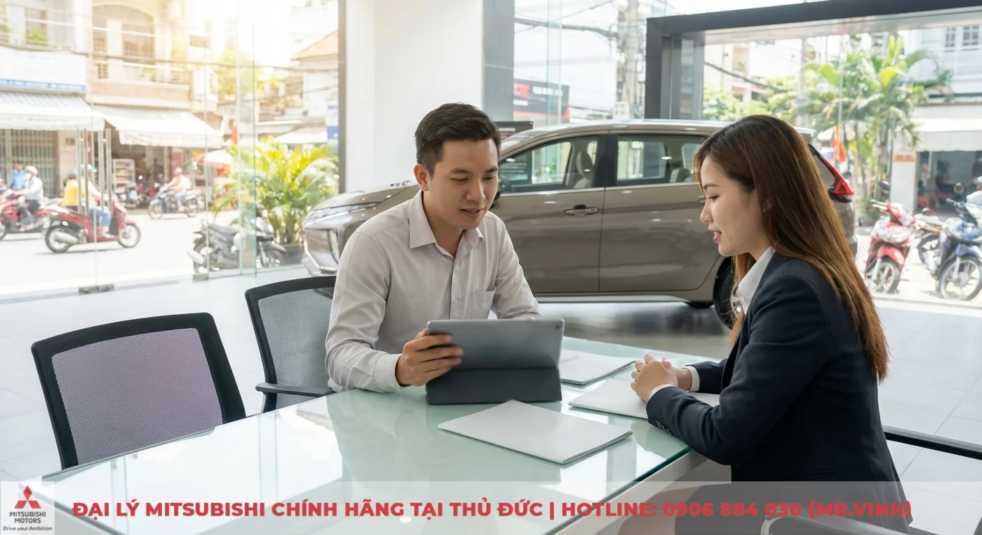 Hình ảnh Xpander 2026: Khám phá thiết kế, nội thất và video 5 Tư vấn viên Mitsubishi Saigon 3S cập nhật thông tin Xpander 2026 qua tablet cho khách hàng tại showroom