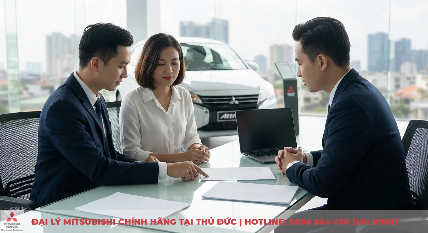 Khuyến mãi Mitsubishi Attrage 2026: Ưu đãi & thông tin mới nhất TP.HCM 1 Khách hàng và nhân viên đại lý Mitsubishi Attrage 2024 thảo luận ưu đãi tiền mặt và chi phí tại TP.HCM
