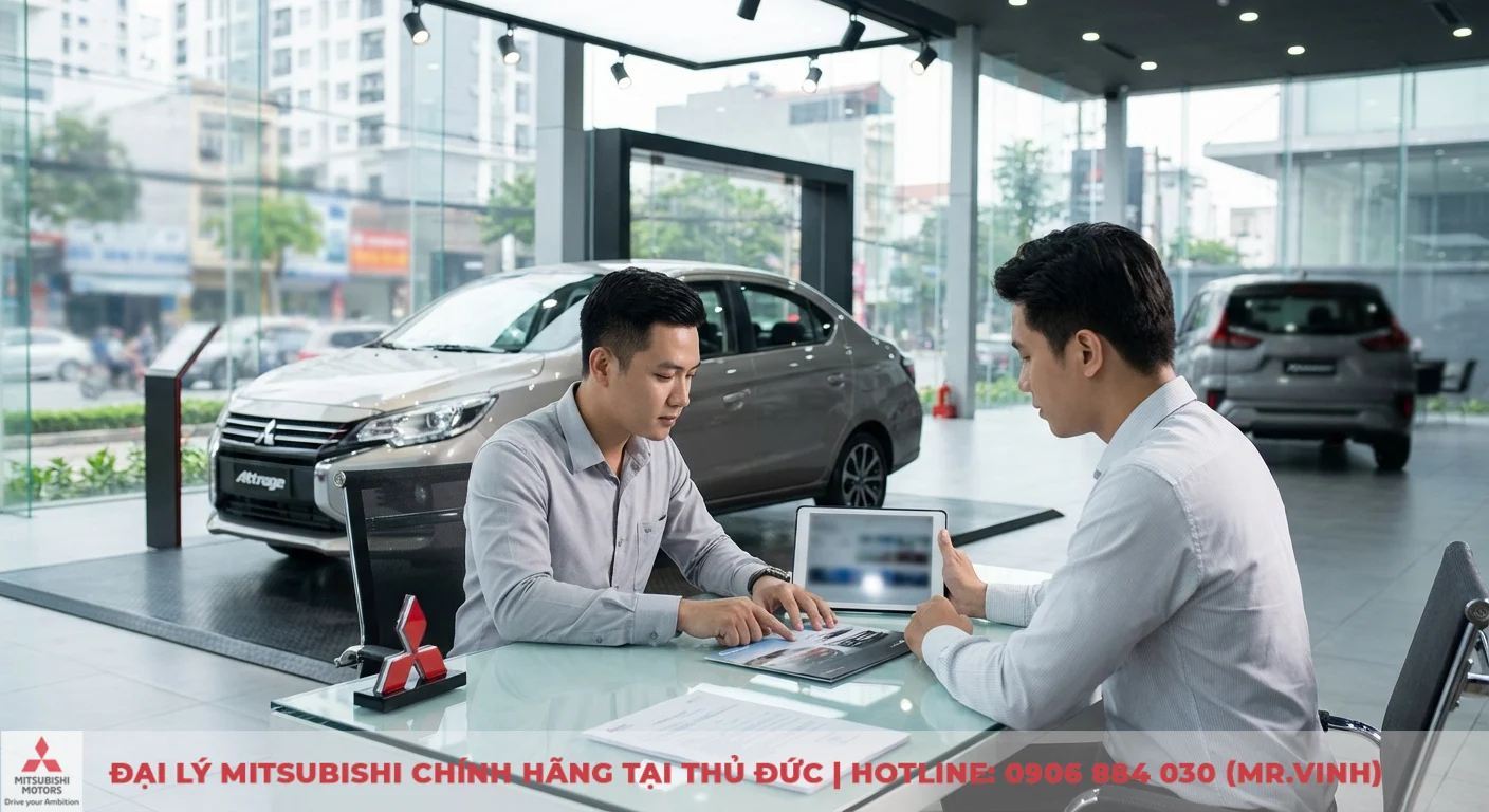 Khuyến mãi Mitsubishi Attrage 2026: Ưu đãi & thông tin mới nhất TP.HCM 2 Khách hàng tìm hiểu thông tin và ưu đãi cho Mitsubishi Attrage 2026 tại bàn tư vấn trong showroom xe hơi