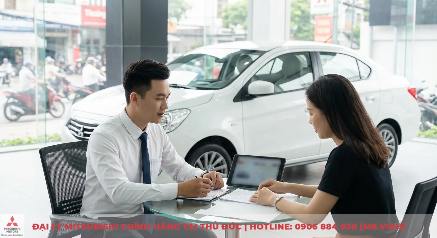Khuyến mãi Mitsubishi Attrage 2026: Ưu đãi & thông tin mới nhất TP.HCM 3 Khách hàng liên hệ nhận tư vấn ưu đãi Attrage từ chuyên viên Mitsubishi Sài Gòn 3S tại showroom có xe trắng