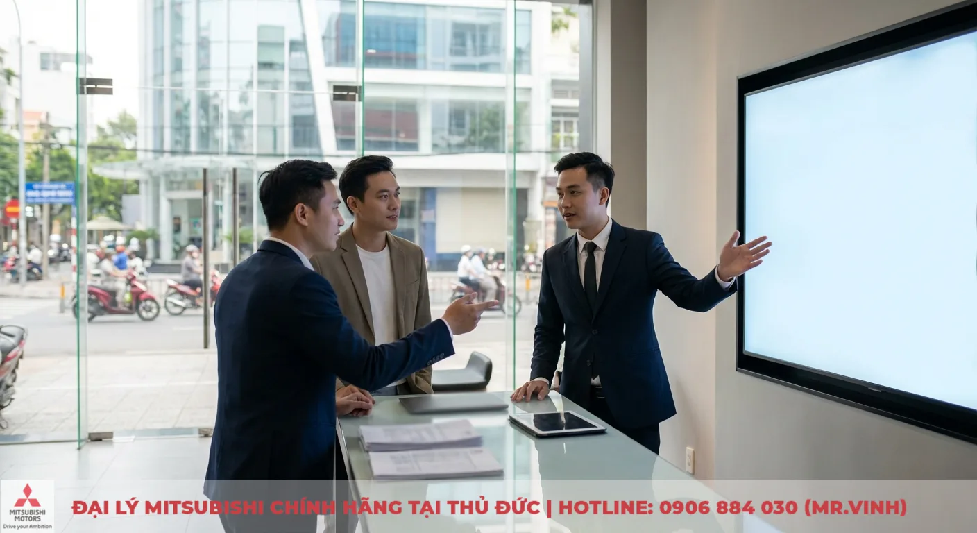 Khuyến mãi Mitsubishi Destinator 2026: Cập nhật & ưu đãi xe hiện hành 1 Ba doanh nhân đang thảo luận trong văn phòng kính hiện đại, một người chỉ màn hình trống lớn, bàn có tài liệu