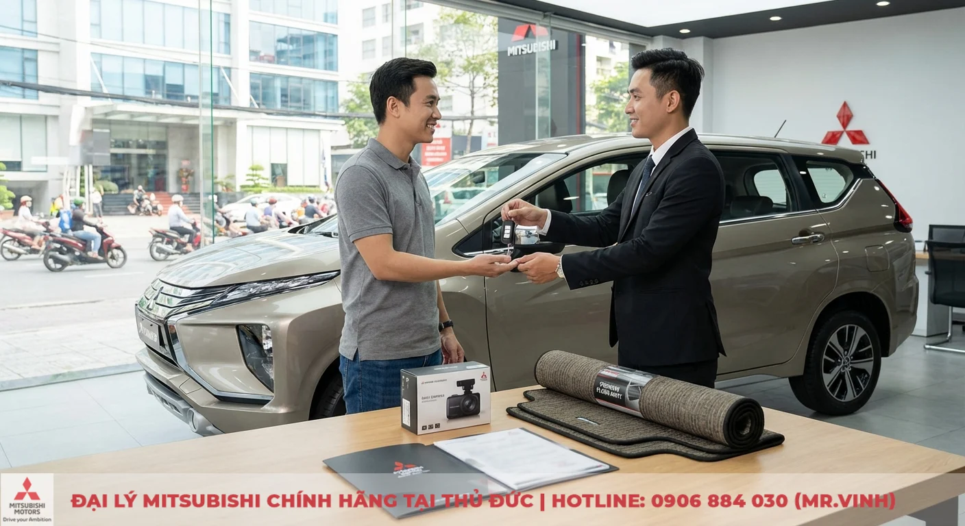 Khuyến mãi Mitsubishi Destinator 2026: Cập nhật & ưu đãi xe hiện hành 2 Người bán hàng Mitsubishi trao chìa khóa xe và gói phụ kiện gồm camera hành trình, thảm sàn cho khách tại showroom