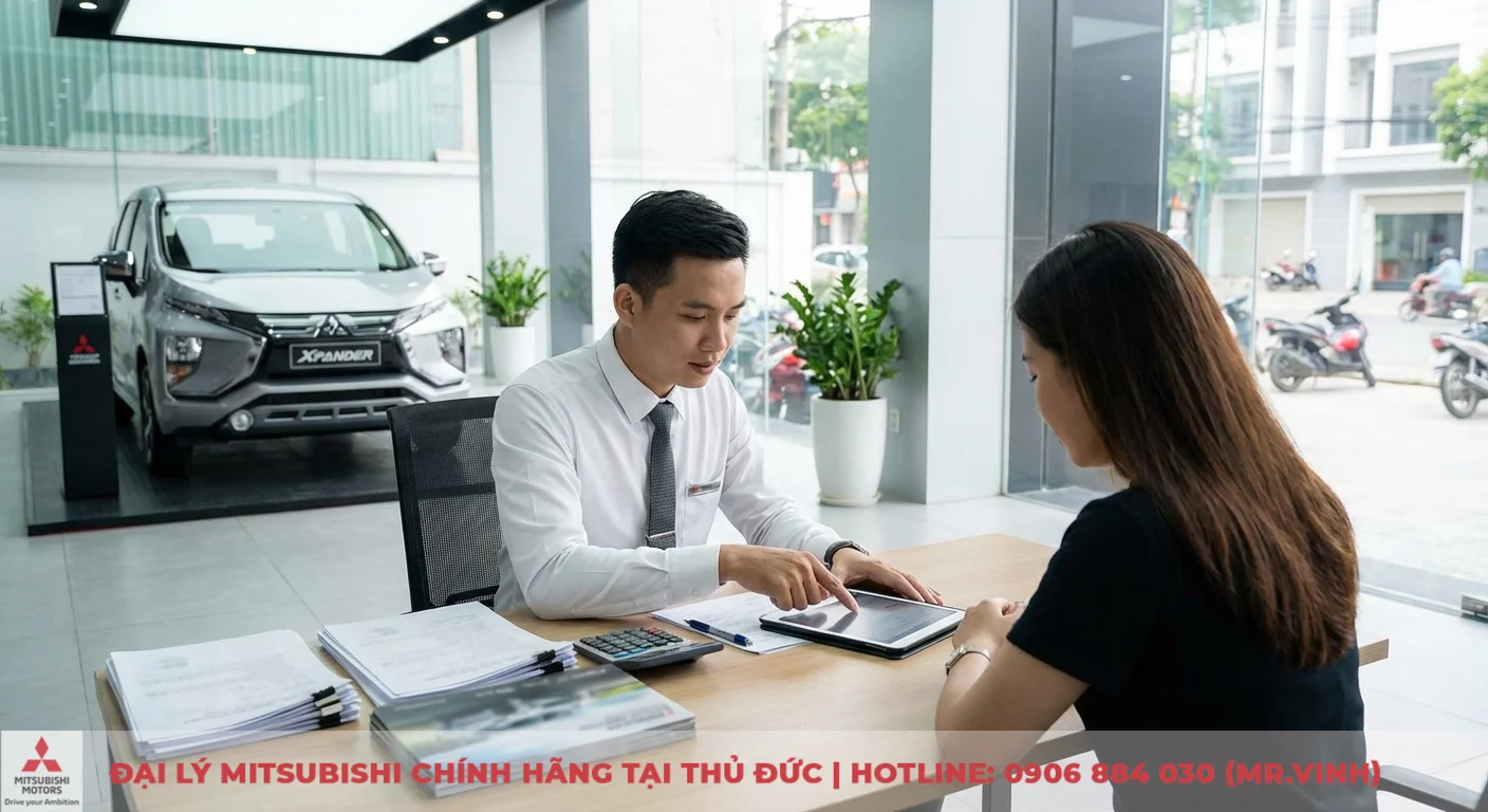 Khuyến mãi Mitsubishi Destinator 2026: Cập nhật & ưu đãi xe hiện hành 3 Cảnh showroom ô tô với người tư vấn chỉ máy tính bảng giải thích thông tin cho khách hàng, cùng xe Mitsubishi Xpander và giấy tờ trên bàn