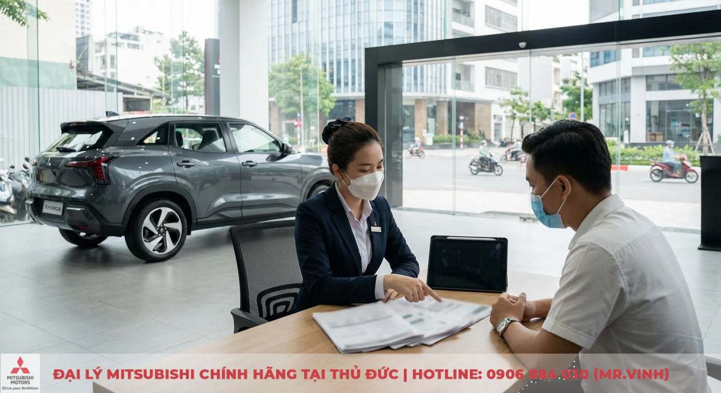 Khuyến mãi Mitsubishi Xforce 2026 – Ưu đãi mới nhất tại Saigon3S TP.HCM 2 Nữ nhân viên Mitsubishi Saigon3S tư vấn chi tiết ưu đãi xe Xforce cho khách hàng về lệ phí trước bạ và chi phí lăn bánh