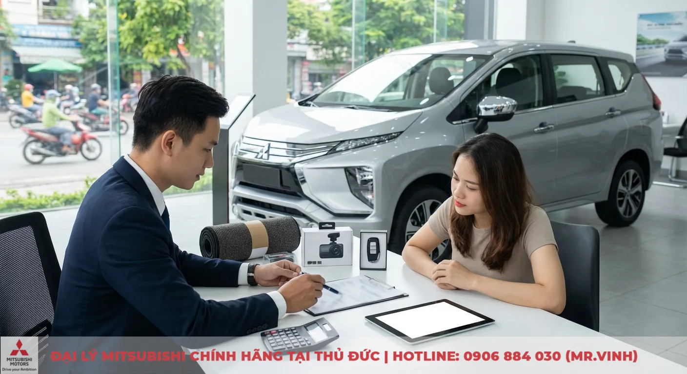 Khuyến mãi Mitsubishi Xpander 2026: Cập nhật ưu đãi và chính sách giảm giá 1 Nhân viên Mitsubishi Saigon 3S tư vấn khách hàng nữ về các gói khuyến mãi Mitsubishi Xpander, kèm phụ kiện camera hành trình và thảm sàn