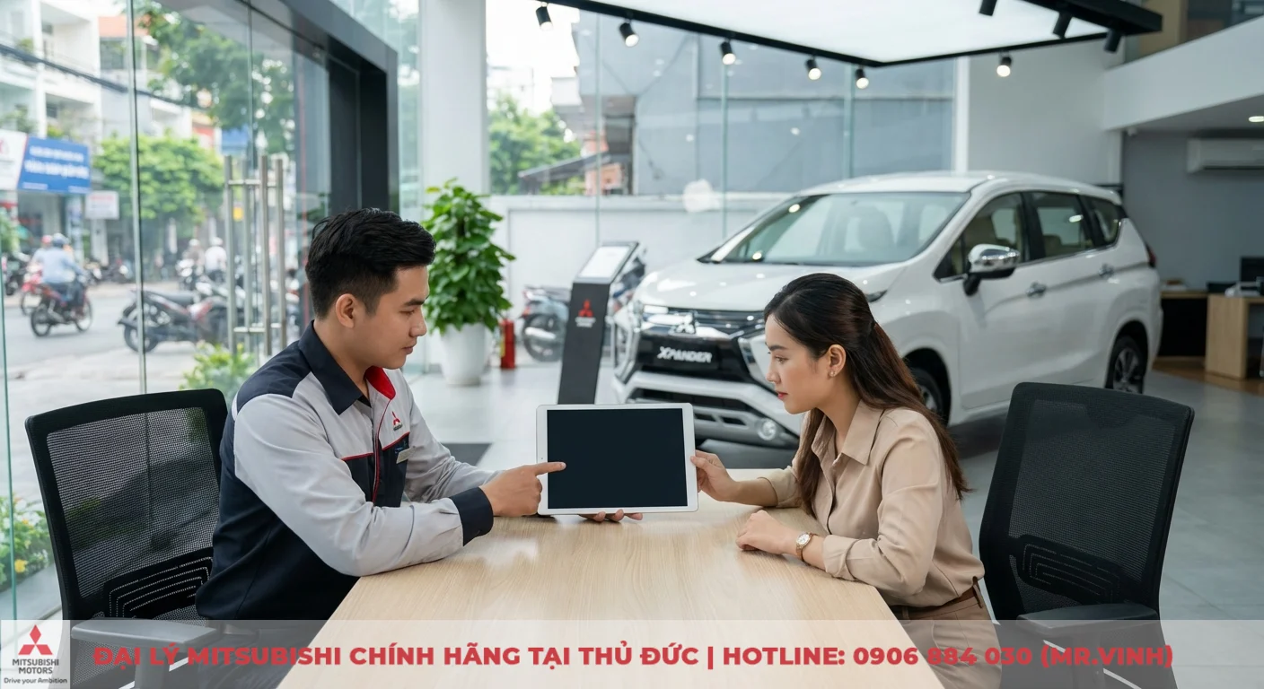 Khuyến mãi Mitsubishi Xpander 2026: Cập nhật ưu đãi và chính sách giảm giá 3 Nhân viên showroom tư vấn thông tin về Mitsubishi Xpander 2026 trên máy tính bảng cho khách hàng