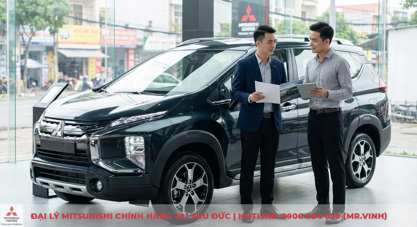 Chương trình Mitsubishi Xpander Cross 2026: Khuyến mãi, ưu đãi, quà tặng 1 Mitsubishi Xpander Cross 2026 màu xanh đen trưng bày tại showroom, nhân viên đang tư vấn về xe và các ưu đãi