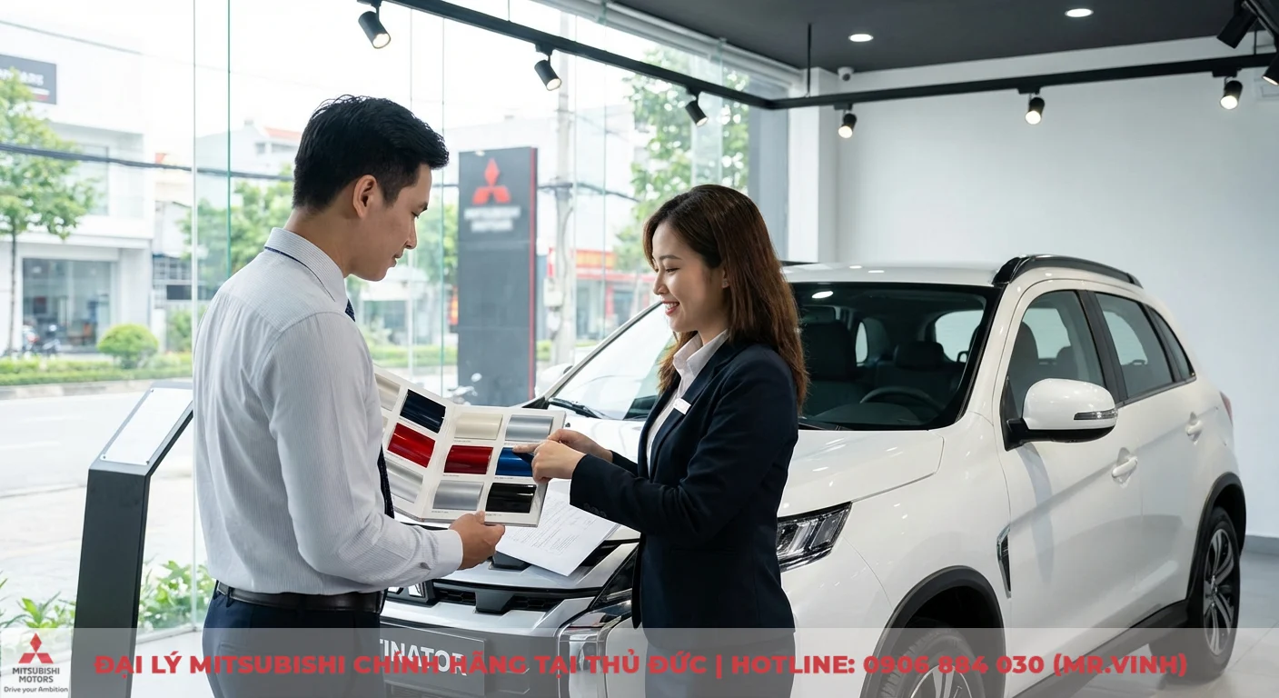 Màu xe Destinator 2026: Dự đoán xu hướng và lựa chọn từ chuyên gia 3 Nhân viên Mitsubishi đang chỉ bảng màu xe Destinator có đỏ, xanh, trắng cho khách hàng nam cạnh SUV trắng trong showroom